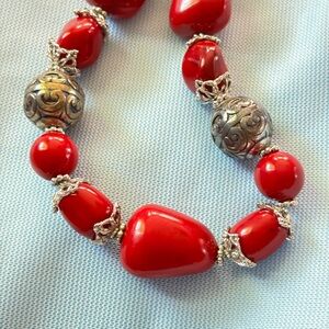 Vintage Red Coral and Silver Beaded adjustable Necklace